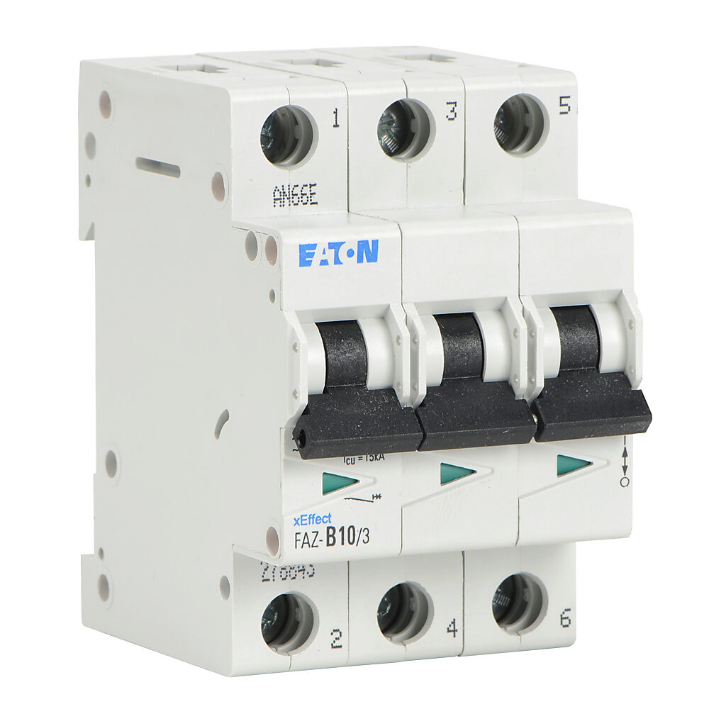 FAZ-B10-3 - Eaton miniature supplementary protector, 10A, 480Y/277 VAC/96 VDC, 3-pole, B curve, thermal magnetic, 10kA @ 480Y/277 VAC interrupting rating, 35mm DIN rail mount.