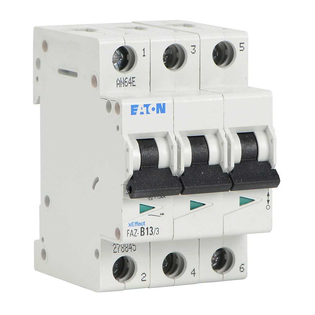 FAZ-B13-3 - Eaton miniature supplementary protector, 13A, 480Y/277 VAC/96 VDC, 3-pole, B curve, thermal magnetic, 10kA @ 480Y/277 VAC interrupting rating, 35mm DIN rail mount.