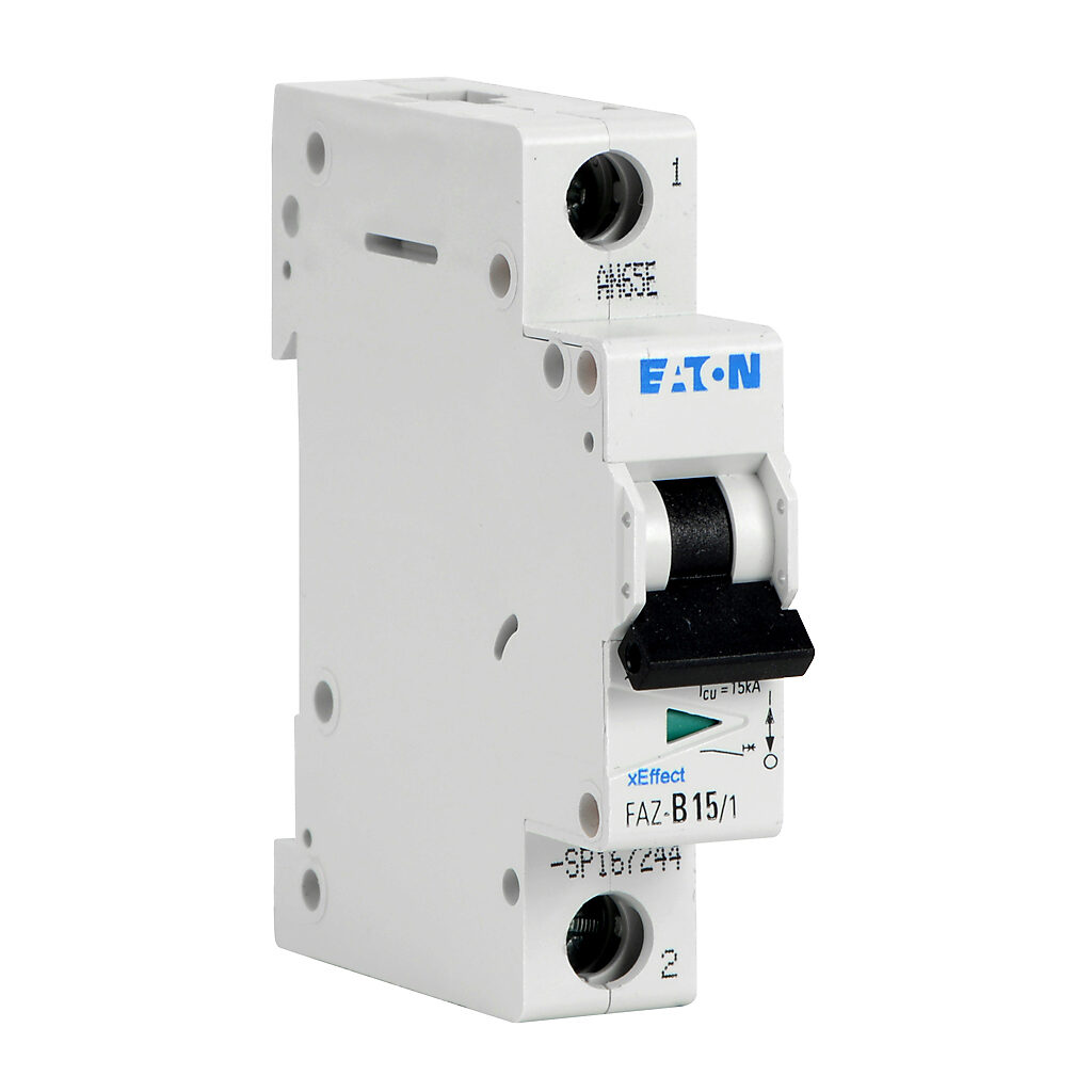 FAZ-B15-1-SP - Eaton miniature supplementary protector, 15A, 277 VAC/48 VDC, 1-pole, B curve, thermal magnetic, 10kA @ 277 VAC interrupting rating, 35mm DIN rail mount.
