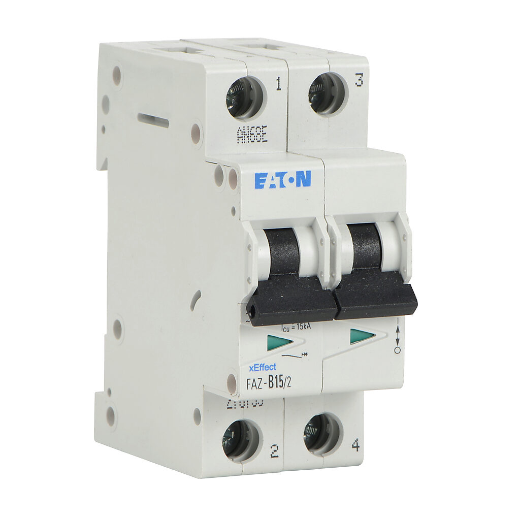 FAZ-B15-2 - Eaton miniature supplementary protector, 15A, 480Y/277 VAC/96 VDC, 2-pole, B curve, thermal magnetic, 10kA @ 480Y/277 VAC interrupting rating, 35mm DIN rail mount.