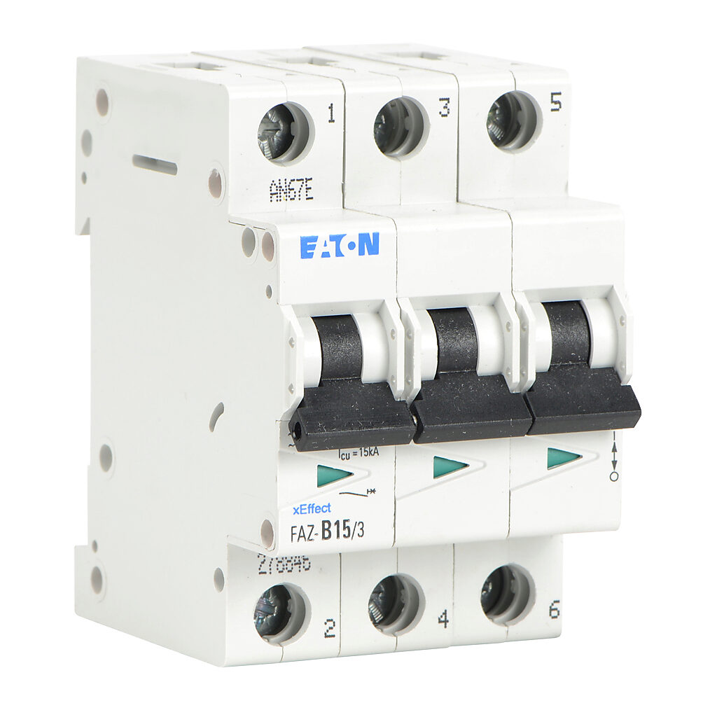 FAZ-B15-3 - Eaton miniature supplementary protector, 15A, 480Y/277 VAC/96 VDC, 3-pole, B curve, thermal magnetic, 10kA @ 480Y/277 VAC interrupting rating, 35mm DIN rail mount.