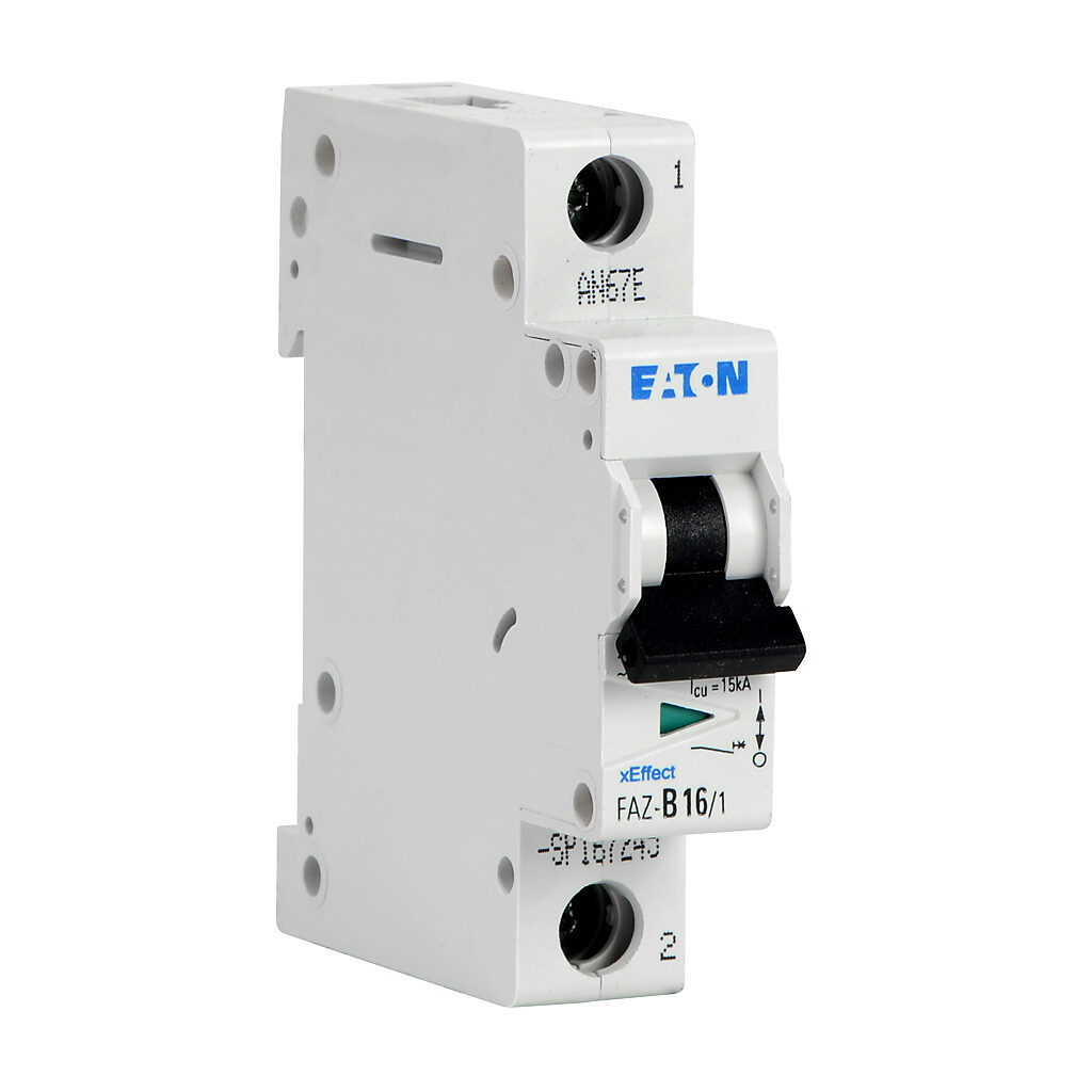 FAZ-B16-1-SP - Eaton miniature supplementary protector, 16A, 277 VAC/48 VDC, 1-pole, B curve, thermal magnetic, 10kA @ 277 VAC interrupting rating, 35mm DIN rail mount.
