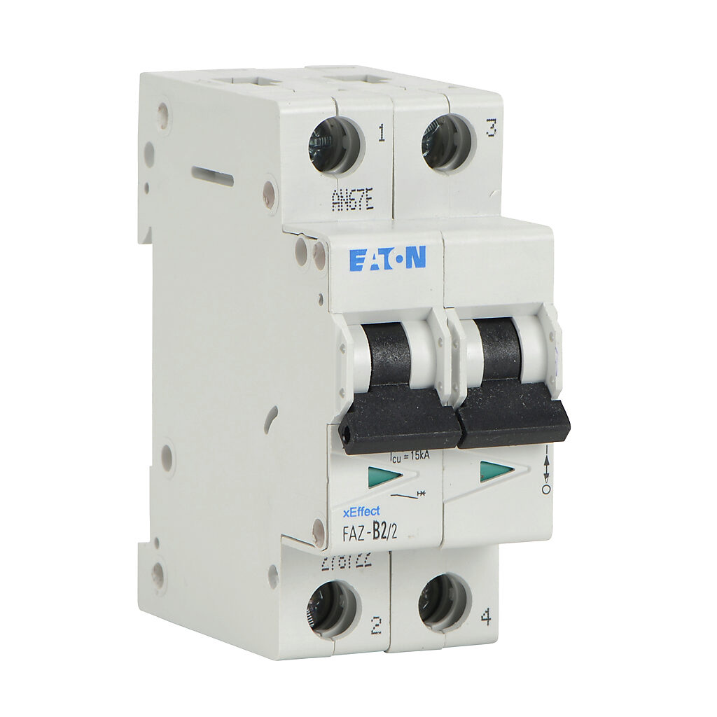 FAZ-B2-2 - Eaton miniature supplementary protector, 2A, 480Y/277 VAC/96 VDC, 2-pole, B curve, thermal magnetic, 10kA @ 480Y/277 VAC interrupting rating, 35mm DIN rail mount.