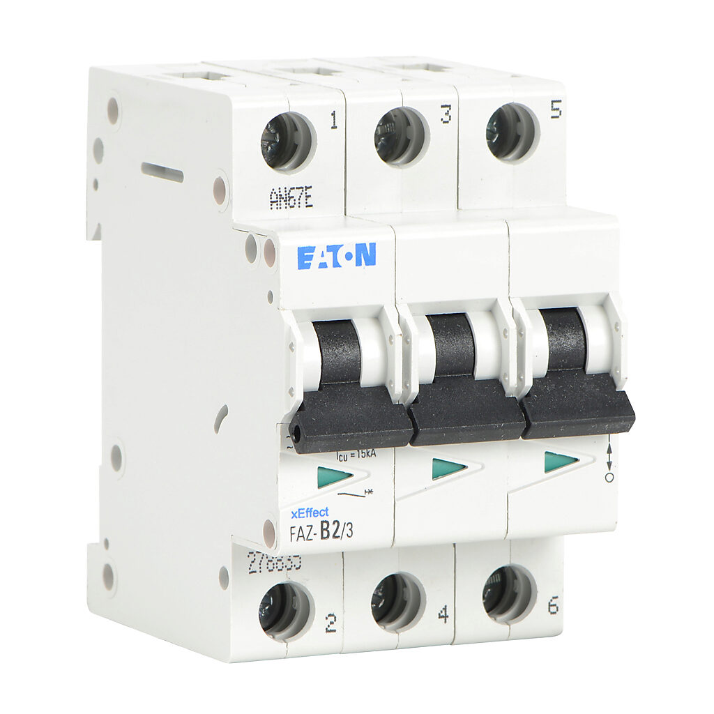 FAZ-B2-3 - Eaton miniature supplementary protector, 2A, 480Y/277 VAC/96 VDC, 3-pole, B curve, thermal magnetic, 10kA @ 480Y/277 VAC interrupting rating, 35mm DIN rail mount.