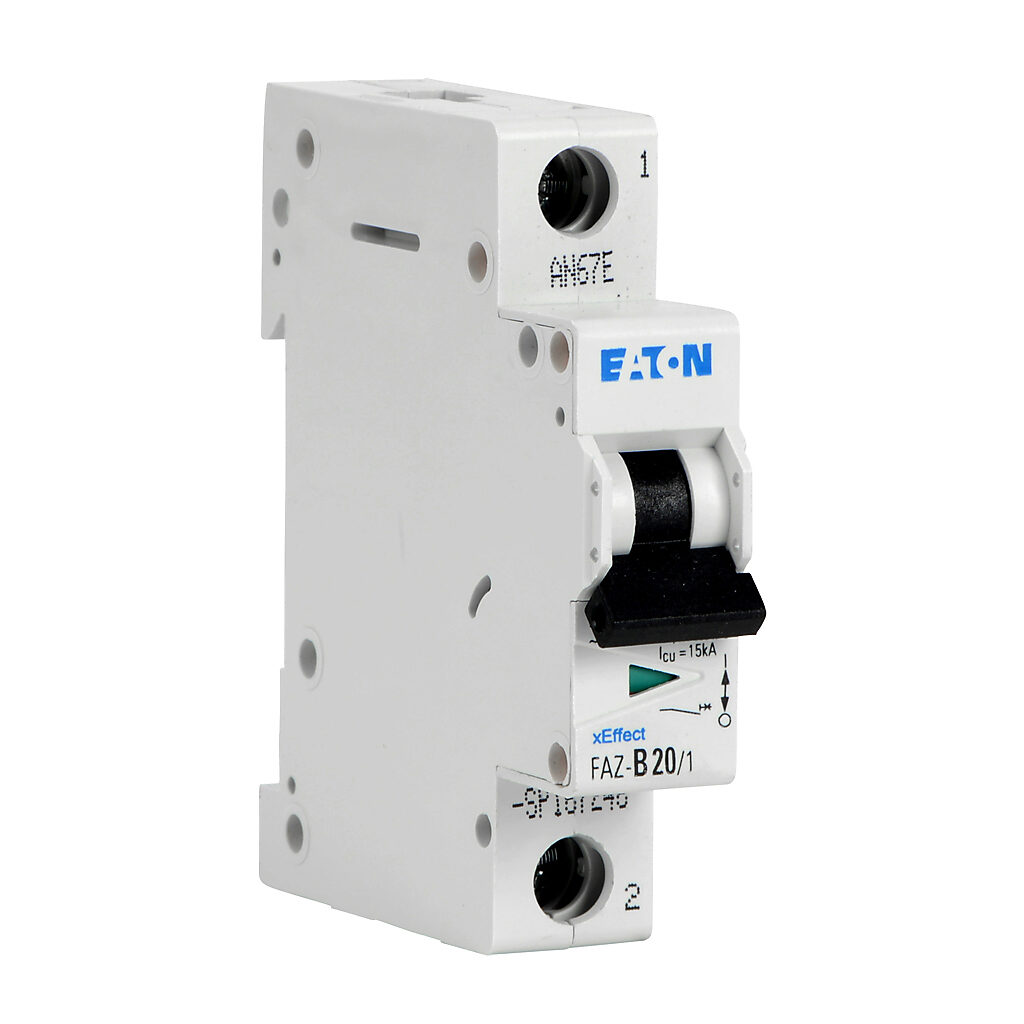 FAZ-B20-1-SP - Eaton miniature supplementary protector, 20A, 277 VAC/48 VDC, 1-pole, B curve, thermal magnetic, 10kA @ 277 VAC interrupting rating, 35mm DIN rail mount.