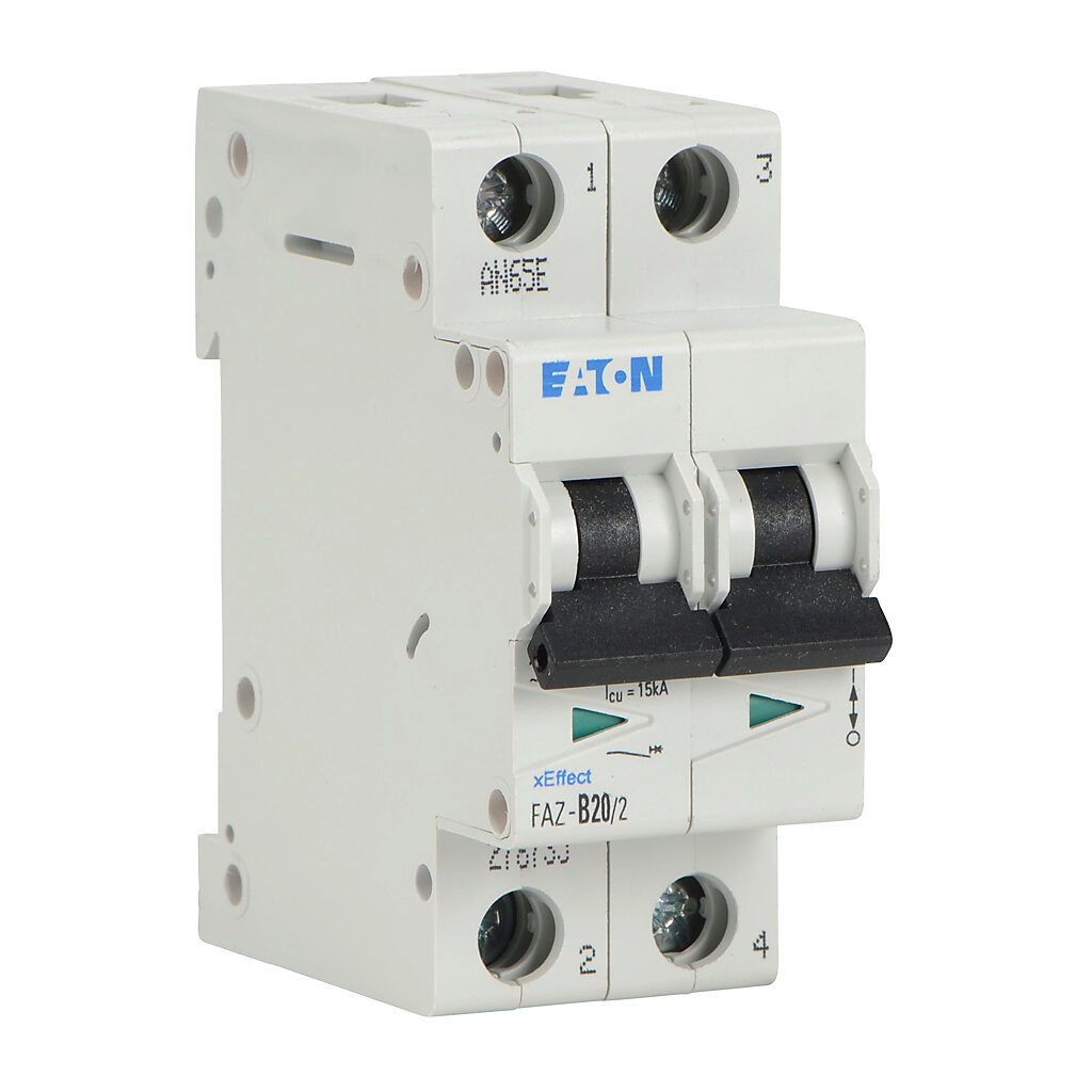 FAZ-B20-2 - Eaton miniature supplementary protector, 20A, 480Y/277 VAC/96 VDC, 2-pole, B curve, thermal magnetic, 10kA @ 480Y/277 VAC interrupting rating, 35mm DIN rail mount.