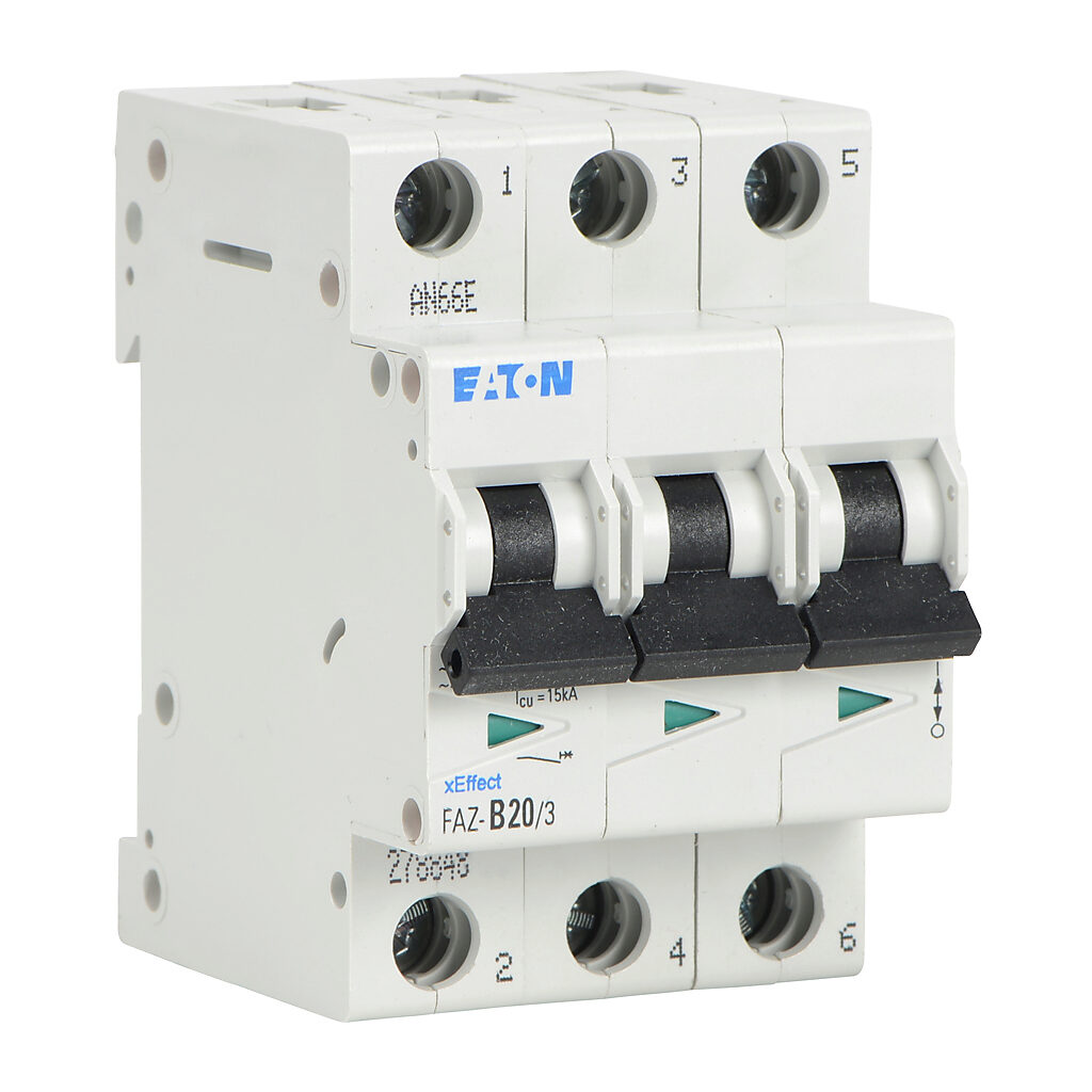 FAZ-B20-3 - Eaton miniature supplementary protector, 20A, 480Y/277 VAC/96 VDC, 3-pole, B curve, thermal magnetic, 10kA @ 480Y/277 VAC interrupting rating, 35mm DIN rail mount.