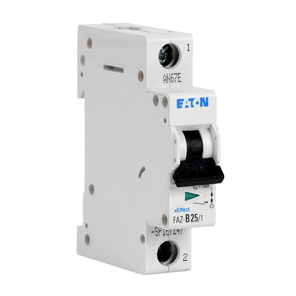 FAZ-B25-1-SP - Eaton miniature supplementary protector, 25A, 277 VAC/48 VDC, 1-pole, B curve, thermal magnetic, 10kA @ 277 VAC interrupting rating, 35mm DIN rail mount.