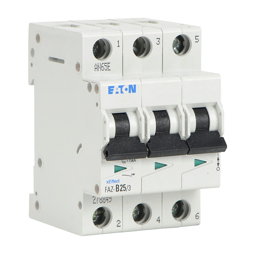 FAZ-B25-3 - Eaton miniature supplementary protector, 25A, 480Y/277 VAC/96 VDC, 3-pole, B curve, thermal magnetic, 10kA @ 480Y/277 VAC interrupting rating, 35mm DIN rail mount.