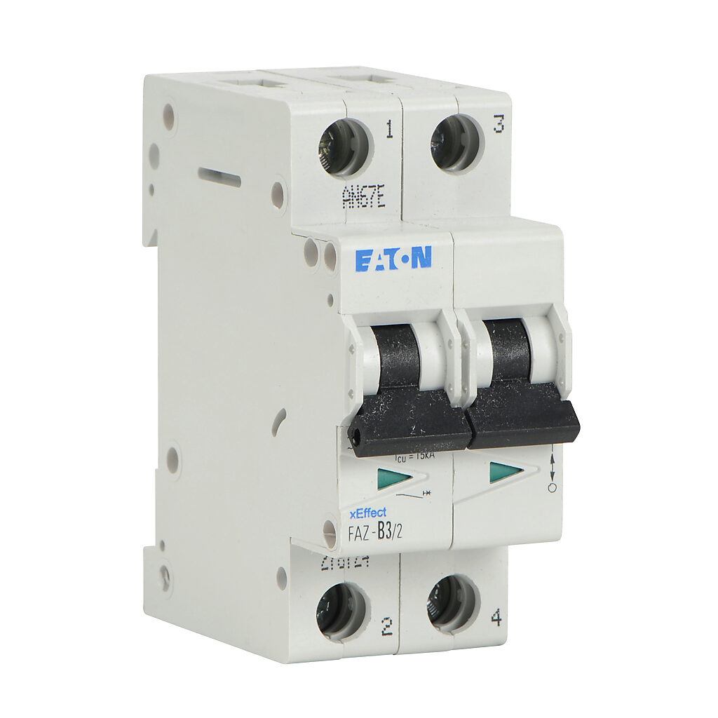 FAZ-B3-2 - Eaton miniature supplementary protector, 3A, 480Y/277 VAC/96 VDC, 2-pole, B curve, thermal magnetic, 10kA @ 480Y/277 VAC interrupting rating, 35mm DIN rail mount.