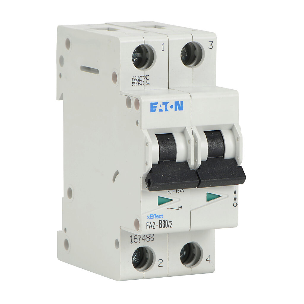 FAZ-B30-2 - Eaton miniature supplementary protector, 30A, 480Y/277 VAC/96 VDC, 2-pole, B curve, thermal magnetic, 10kA @ 480Y/277 VAC interrupting rating, 35mm DIN rail mount.