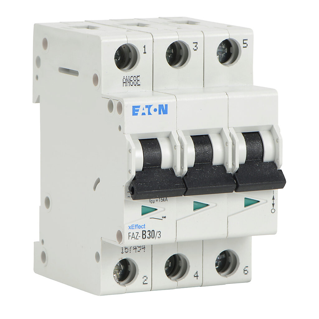 FAZ-B30-3 - Eaton miniature supplementary protector, 30A, 480Y/277 VAC/96 VDC, 3-pole, B curve, thermal magnetic, 10kA @ 480Y/277 VAC interrupting rating, 35mm DIN rail mount.