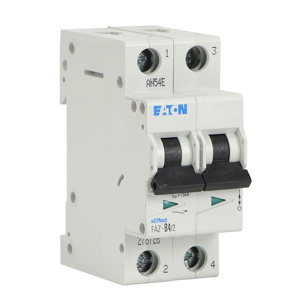 FAZ-B4-2 - Eaton miniature supplementary protector, 4A, 480Y/277 VAC/96 VDC, 2-pole, B curve, thermal magnetic, 10kA @ 480Y/277 VAC interrupting rating, 35mm DIN rail mount.