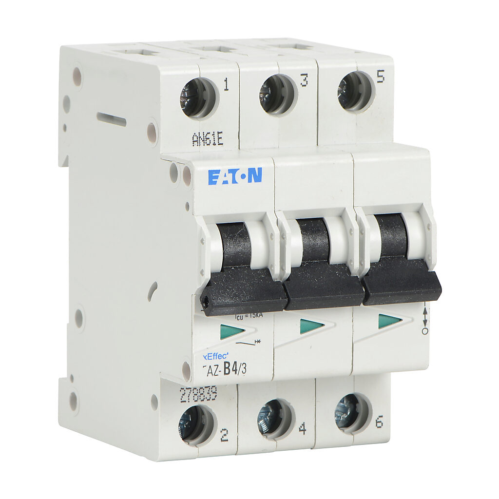 FAZ-B4-3 - Eaton miniature supplementary protector, 4A, 480Y/277 VAC/96 VDC, 3-pole, B curve, thermal magnetic, 10kA @ 480Y/277 VAC interrupting rating, 35mm DIN rail mount.