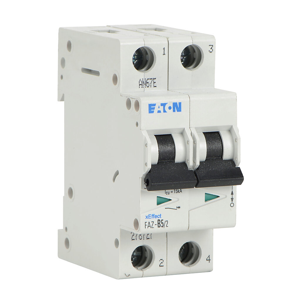 FAZ-B5-2 - Eaton miniature supplementary protector, 5A, 480Y/277 VAC/96 VDC, 2-pole, B curve, thermal magnetic, 10kA @ 480Y/277 VAC interrupting rating, 35mm DIN rail mount.
