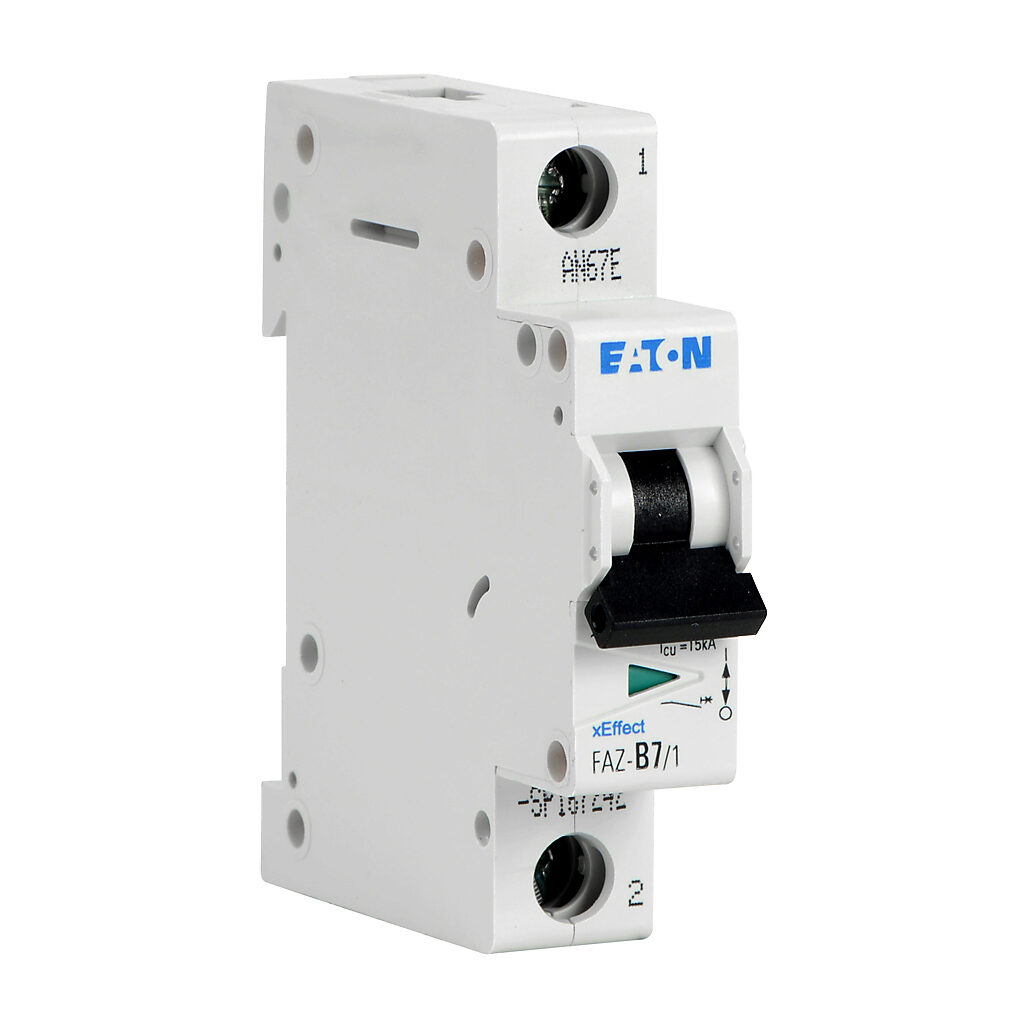 FAZ-B7-1-SP - Eaton miniature supplementary protector, 7A, 277 VAC/48 VDC, 1-pole, B curve, thermal magnetic, 10kA @ 277 VAC interrupting rating, 35mm DIN rail mount.