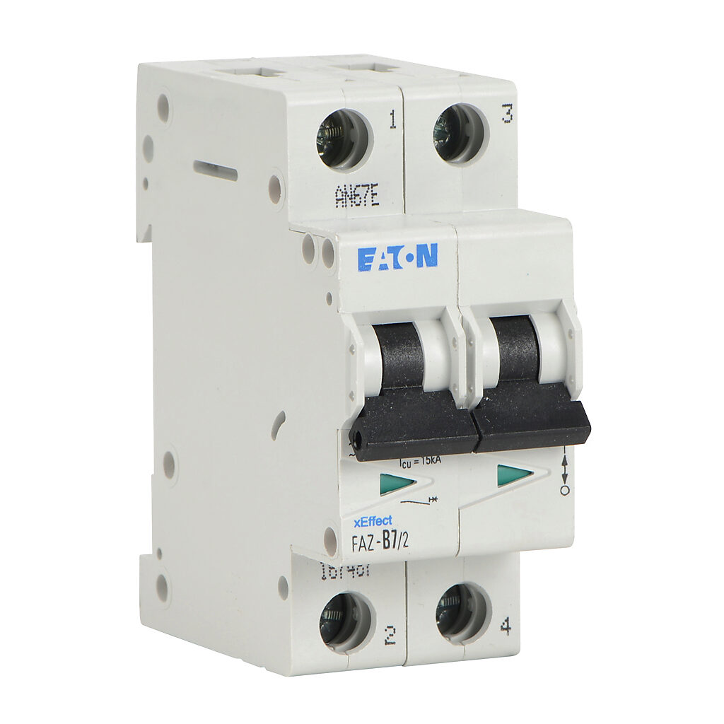 FAZ-B7-2 - Eaton miniature supplementary protector, 7A, 480Y/277 VAC/96 VDC, 2-pole, B curve, thermal magnetic, 10kA @ 480Y/277 VAC interrupting rating, 35mm DIN rail mount.