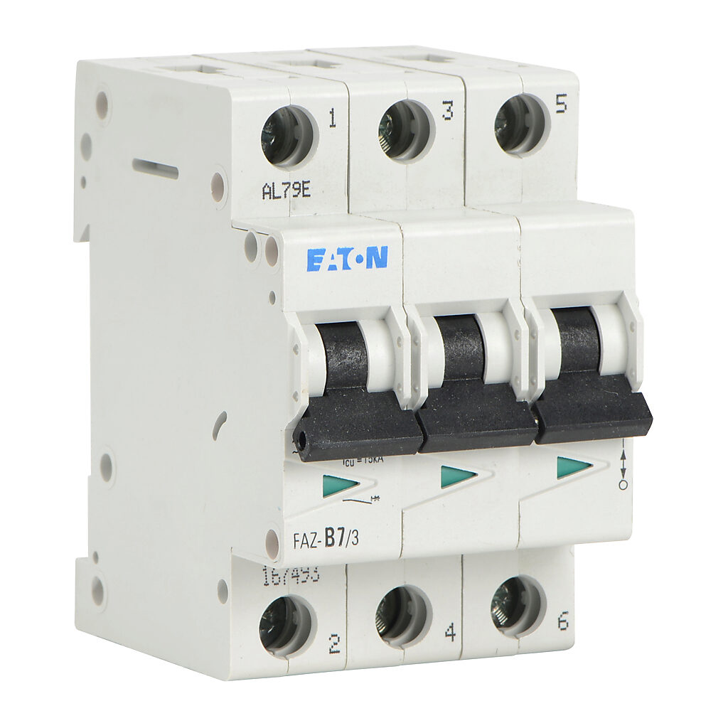 FAZ-B7-3 - Eaton miniature supplementary protector, 7A, 480Y/277 VAC/96 VDC, 3-pole, B curve, thermal magnetic, 10kA @ 480Y/277 VAC interrupting rating, 35mm DIN rail mount.