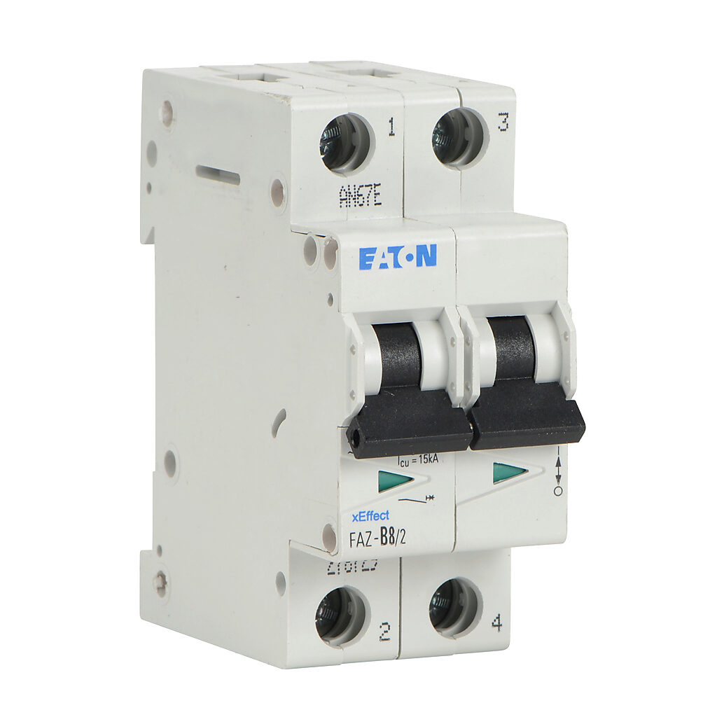 FAZ-B8-2 - Eaton miniature supplementary protector, 8A, 480Y/277 VAC/96 VDC, 2-pole, B curve, thermal magnetic, 10kA @ 480Y/277 VAC interrupting rating, 35mm DIN rail mount.