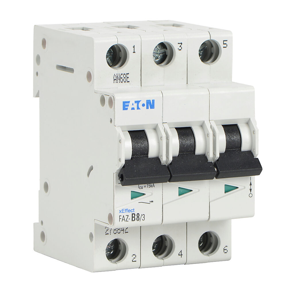 FAZ-B8-3 - Eaton miniature supplementary protector, 8A, 480Y/277 VAC/96 VDC, 3-pole, B curve, thermal magnetic, 10kA @ 480Y/277 VAC interrupting rating, 35mm DIN rail mount.
