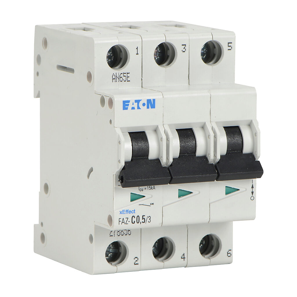 FAZ-C0P5-3 - Eaton miniature supplementary protector, 0.5A, 480Y/277 VAC/96 VDC, 3-pole, C curve, thermal magnetic, 10kA @ 480Y/277 VAC interrupting rating, 35mm DIN rail mount.