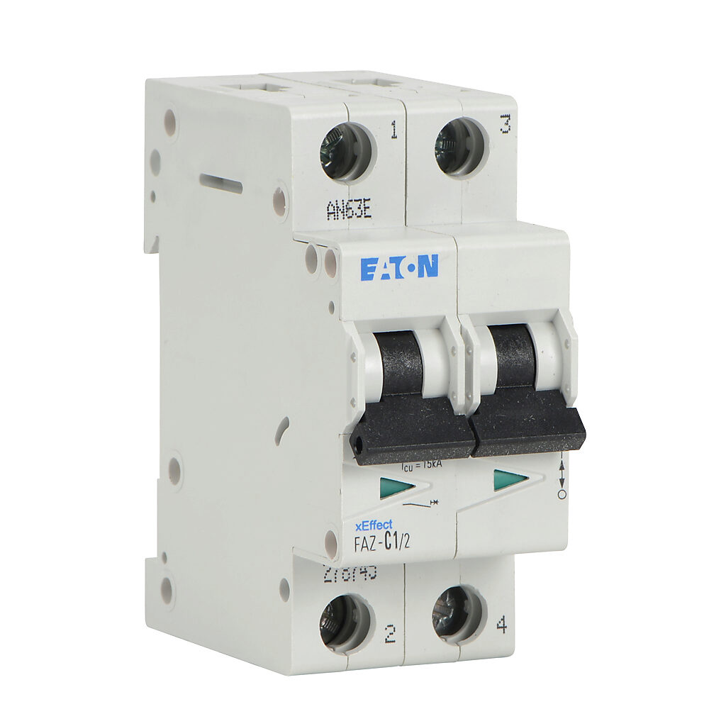 FAZ-C1-2 - Eaton miniature supplementary protector, 1A, 480Y/277 VAC/96 VDC, 2-pole, C curve, thermal magnetic, 10kA @ 480Y/277 VAC interrupting rating, 35mm DIN rail mount.