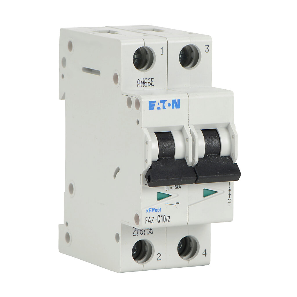 FAZ-C10-2 - Eaton miniature supplementary protector, 10A, 480Y/277 VAC/96 VDC, 2-pole, C curve, thermal magnetic, 10kA @ 480Y/277 VAC interrupting rating, 35mm DIN rail mount.