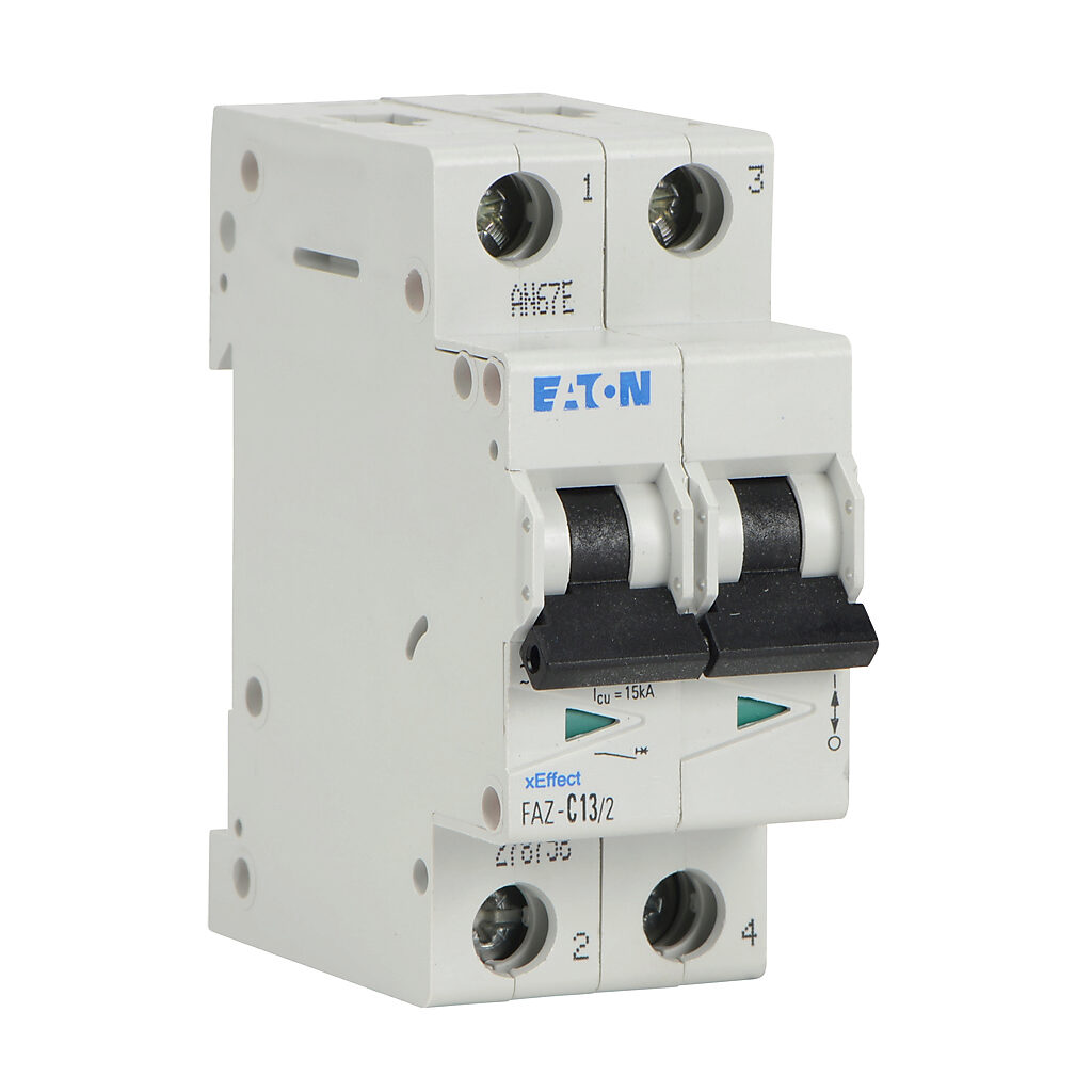 FAZ-C13-2 - Eaton miniature supplementary protector, 13A, 480Y/277 VAC/96 VDC, 2-pole, C curve, thermal magnetic, 10kA @ 480Y/277 VAC interrupting rating, 35mm DIN rail mount.