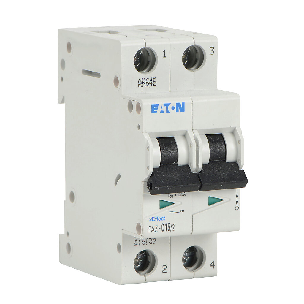 FAZ-C15-2 - Eaton miniature supplementary protector, 15A, 480Y/277 VAC/96 VDC, 2-pole, C curve, thermal magnetic, 10kA @ 480Y/277 VAC interrupting rating, 35mm DIN rail mount.