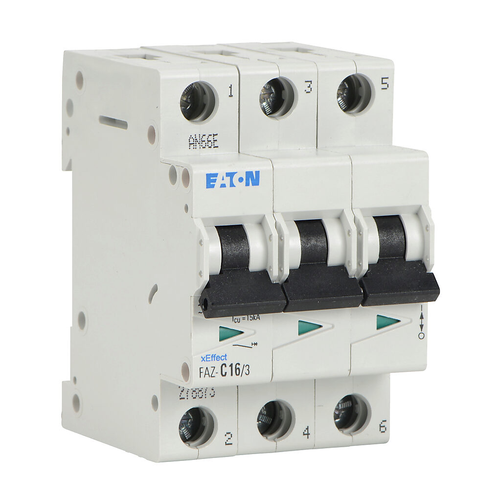 FAZ-C16-3 - Eaton miniature supplementary protector, 16A, 480Y/277 VAC/96 VDC, 3-pole, C curve, thermal magnetic, 10kA @ 480Y/277 VAC interrupting rating, 35mm DIN rail mount.