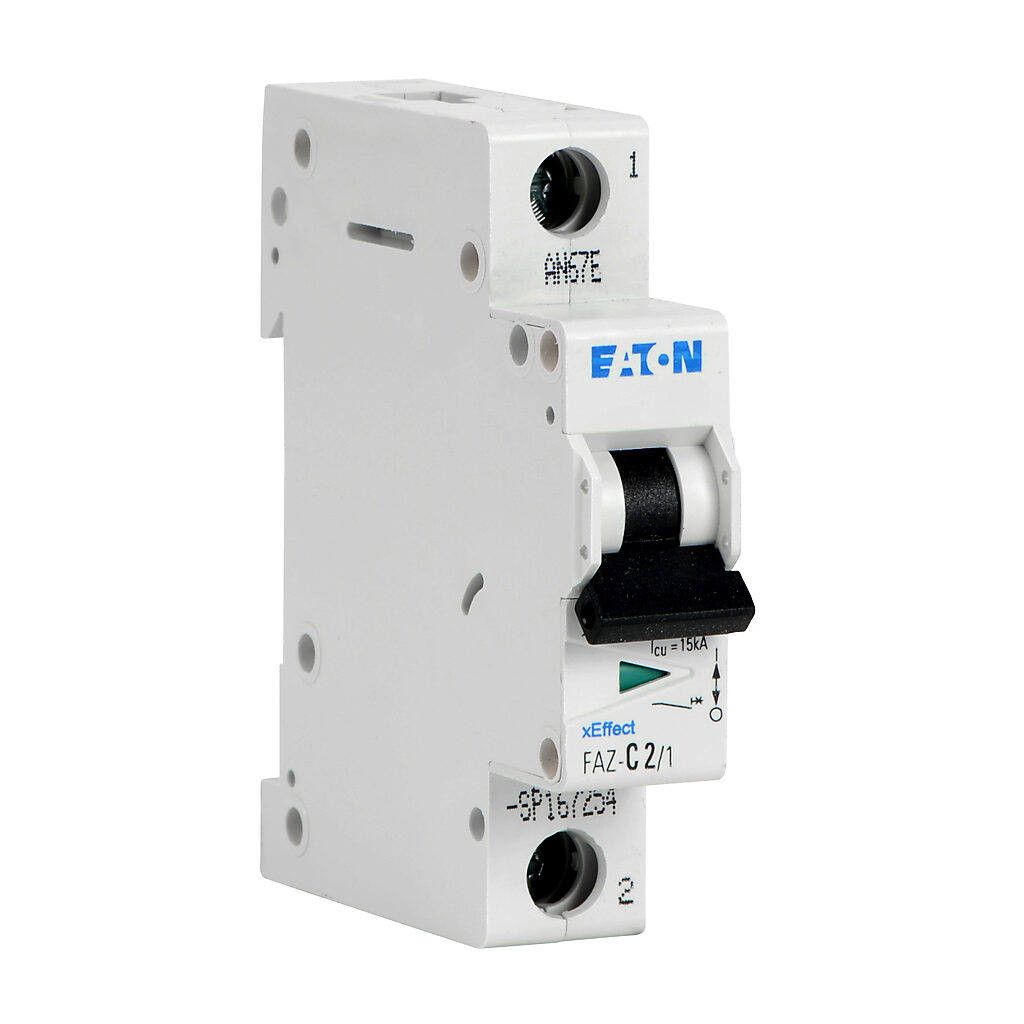 FAZ-C2-1-SP - Eaton miniature supplementary protector, 2A, 277 VAC/48 VDC, 1-pole, C curve, thermal magnetic, 10kA @ 277 VAC interrupting rating, 35mm DIN rail mount.