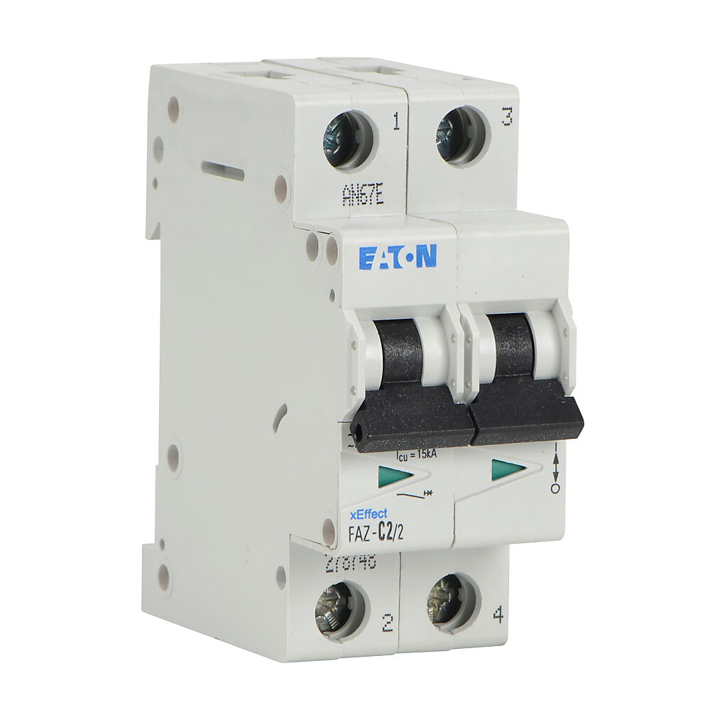 FAZ-C2-2 - Eaton miniature supplementary protector, 2A, 480Y/277 VAC/96 VDC, 2-pole, C curve, thermal magnetic, 10kA @ 480Y/277 VAC interrupting rating, 35mm DIN rail mount.