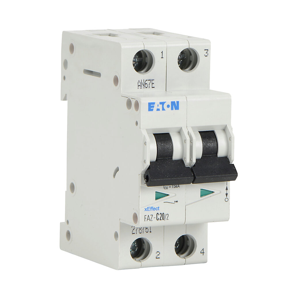 FAZ-C20-2 - Eaton miniature supplementary protector, 20A, 480Y/277 VAC/96 VDC, 2-pole, C curve, thermal magnetic, 10kA @ 480Y/277 VAC interrupting rating, 35mm DIN rail mount.