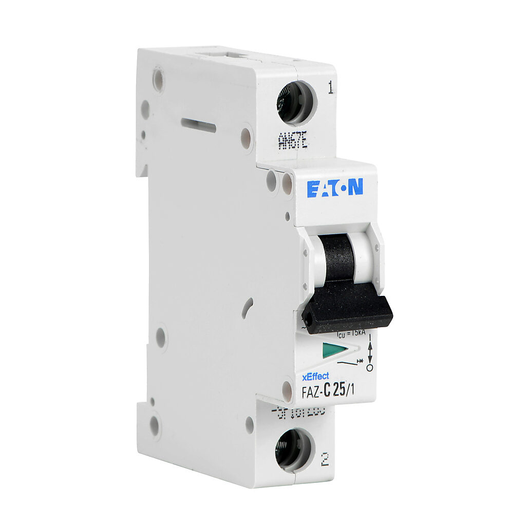 FAZ-C25-1-SP - Eaton miniature supplementary protector, 25A, 277 VAC/48 VDC, 1-pole, C curve, thermal magnetic, 10kA @ 277 VAC interrupting rating, 35mm DIN rail mount.