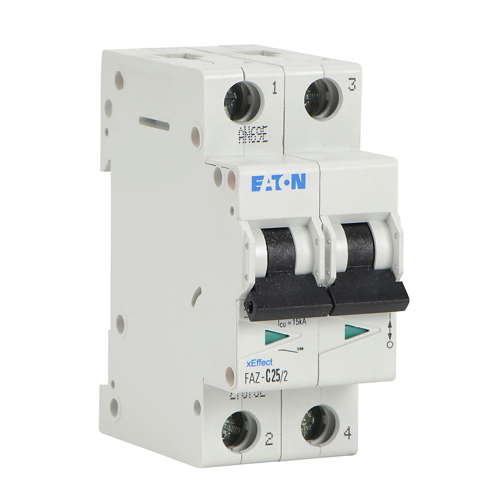 FAZ-C25-2 - Eaton miniature supplementary protector, 25A, 480Y/277 VAC/96 VDC, 2-pole, C curve, thermal magnetic, 10kA @ 480Y/277 VAC interrupting rating, 35mm DIN rail mount.