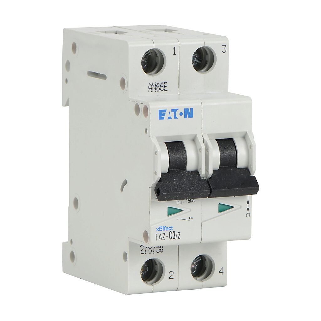 FAZ-C3-2 - Eaton miniature supplementary protector, 3A, 480Y/277 VAC/96 VDC, 2-pole, C curve, thermal magnetic, 10kA @ 480Y/277 VAC interrupting rating, 35mm DIN rail mount.