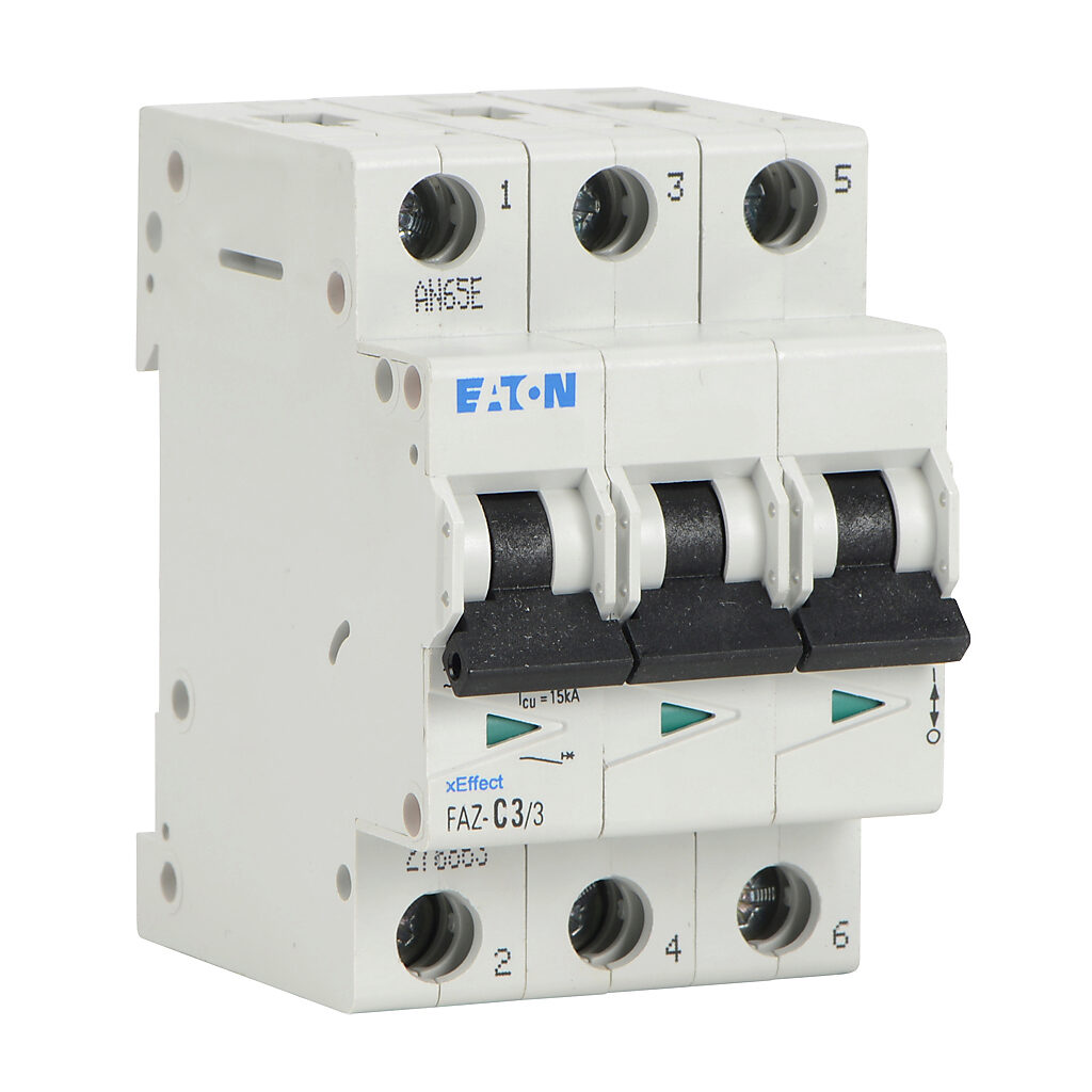 FAZ-C3-3 - Eaton miniature supplementary protector, 3A, 480Y/277 VAC/96 VDC, 3-pole, C curve, thermal magnetic, 10kA @ 480Y/277 VAC interrupting rating, 35mm DIN rail mount.