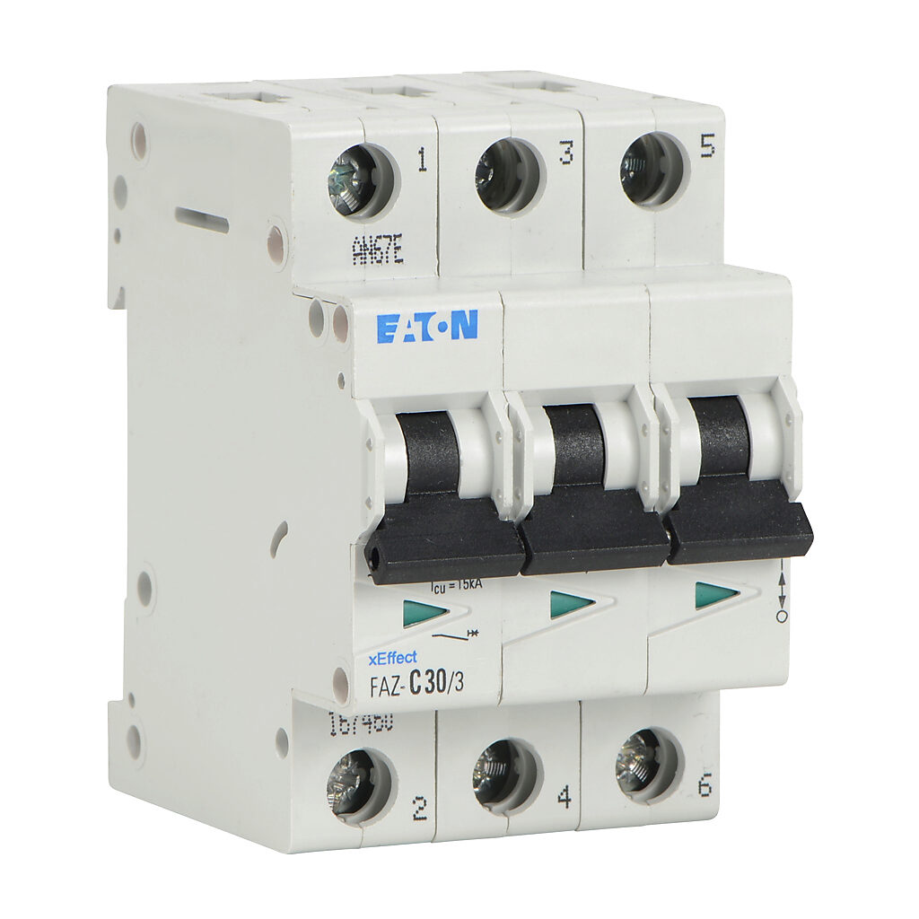 FAZ-C30-3 - Eaton miniature supplementary protector, 30A, 480Y/277 VAC/96 VDC, 3-pole, C curve, thermal magnetic, 10kA @ 480Y/277 VAC interrupting rating, 35mm DIN rail mount.