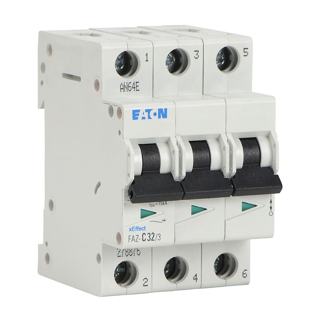 FAZ-C32-3 - Eaton miniature supplementary protector, 32A, 480Y/277 VAC/96 VDC, 3-pole, C curve, thermal magnetic, 10kA @ 480Y/277 VAC interrupting rating, 35mm DIN rail mount.