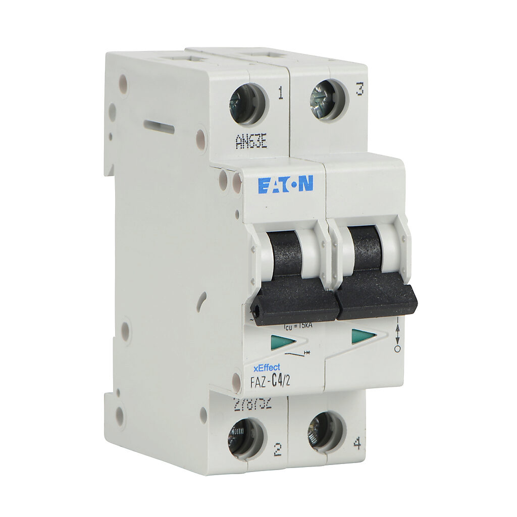 FAZ-C4-2 - Eaton miniature supplementary protector, 4A, 480Y/277 VAC/96 VDC, 2-pole, C curve, thermal magnetic, 10kA @ 480Y/277 VAC interrupting rating, 35mm DIN rail mount.