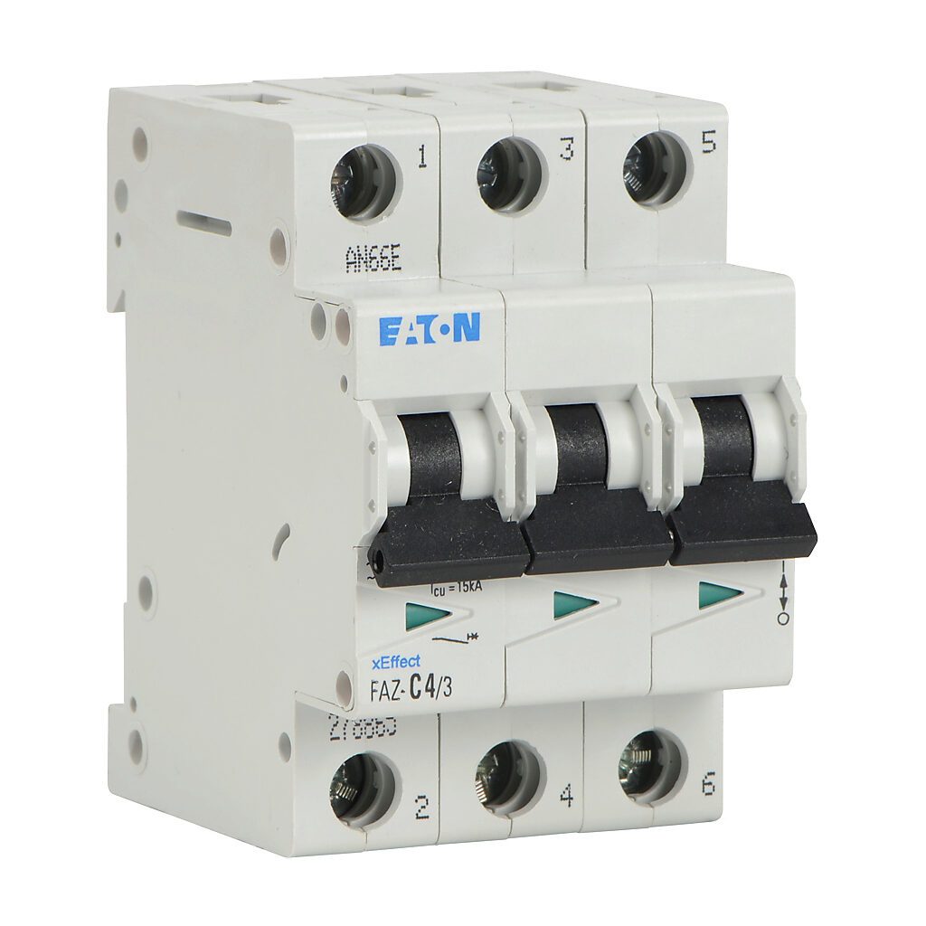 FAZ-C4-3 - Eaton miniature supplementary protector, 4A, 480Y/277 VAC/96 VDC, 3-pole, C curve, thermal magnetic, 10kA @ 480Y/277 VAC interrupting rating, 35mm DIN rail mount.