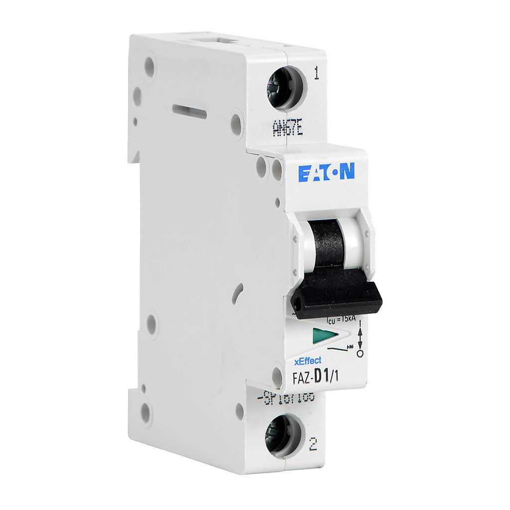 FAZ-D1-1-SP - Eaton miniature supplementary protector, 1A, 277 VAC/48 VDC, 1-pole, D curve, thermal magnetic, 5kA @ 277 VAC interrupting rating, 35mm DIN rail mount.