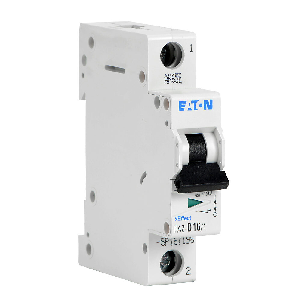 FAZ-D16-1-SP - Eaton miniature supplementary protector, 16A, 277 VAC/48 VDC, 1-pole, D curve, thermal magnetic, 5kA @ 277 VAC interrupting rating, 35mm DIN rail mount.