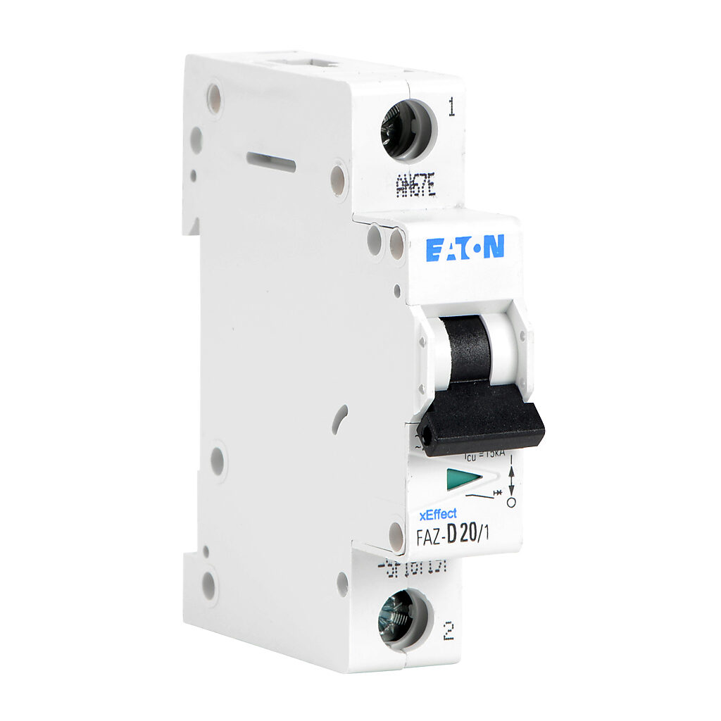 FAZ-D20-1-SP - Eaton miniature supplementary protector, 20A, 277 VAC/48 VDC, 1-pole, D curve, thermal magnetic, 5kA @ 277 VAC interrupting rating, 35mm DIN rail mount.