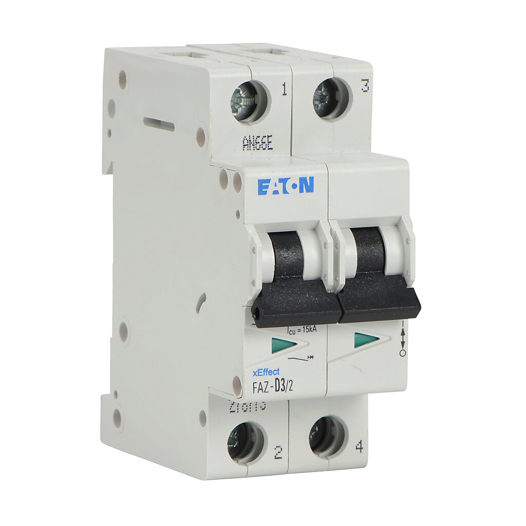 FAZ-D3-2 - Eaton miniature supplementary protector, 3A, 480Y/277 VAC/96 VDC, 2-pole, D curve, thermal magnetic, 5kA @ 480Y/277 VAC interrupting rating, 35mm DIN rail mount.