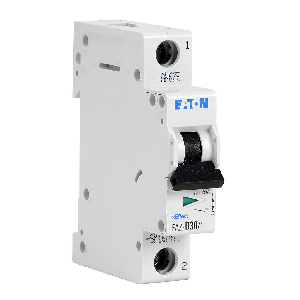 FAZ-D30-1-SP - Eaton miniature supplementary protector, 30A, 277 VAC/48 VDC, 1-pole, D curve, thermal magnetic, 5kA @ 277 VAC interrupting rating, 35mm DIN rail mount.