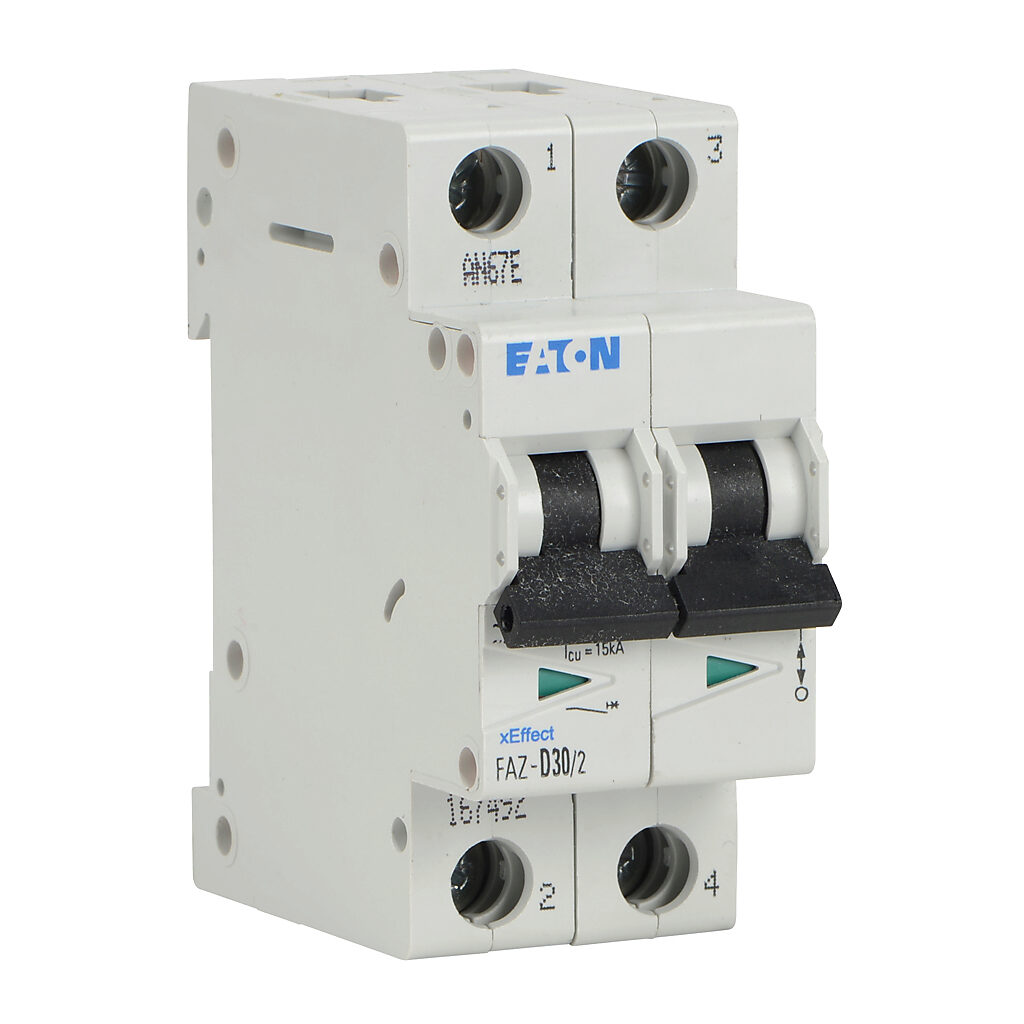 FAZ-D30-2 - Eaton miniature supplementary protector, 30A, 480Y/277 VAC/96 VDC, 2-pole, D curve, thermal magnetic, 5kA @ 480Y/277 VAC interrupting rating, 35mm DIN rail mount.