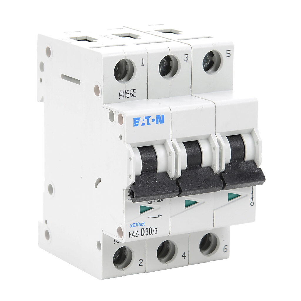 FAZ-D30-3 - Eaton miniature supplementary protector, 30A, 480Y/277 VAC/96 VDC, 3-pole, D curve, thermal magnetic, 5kA @ 480Y/277 VAC interrupting rating, 35mm DIN rail mount.