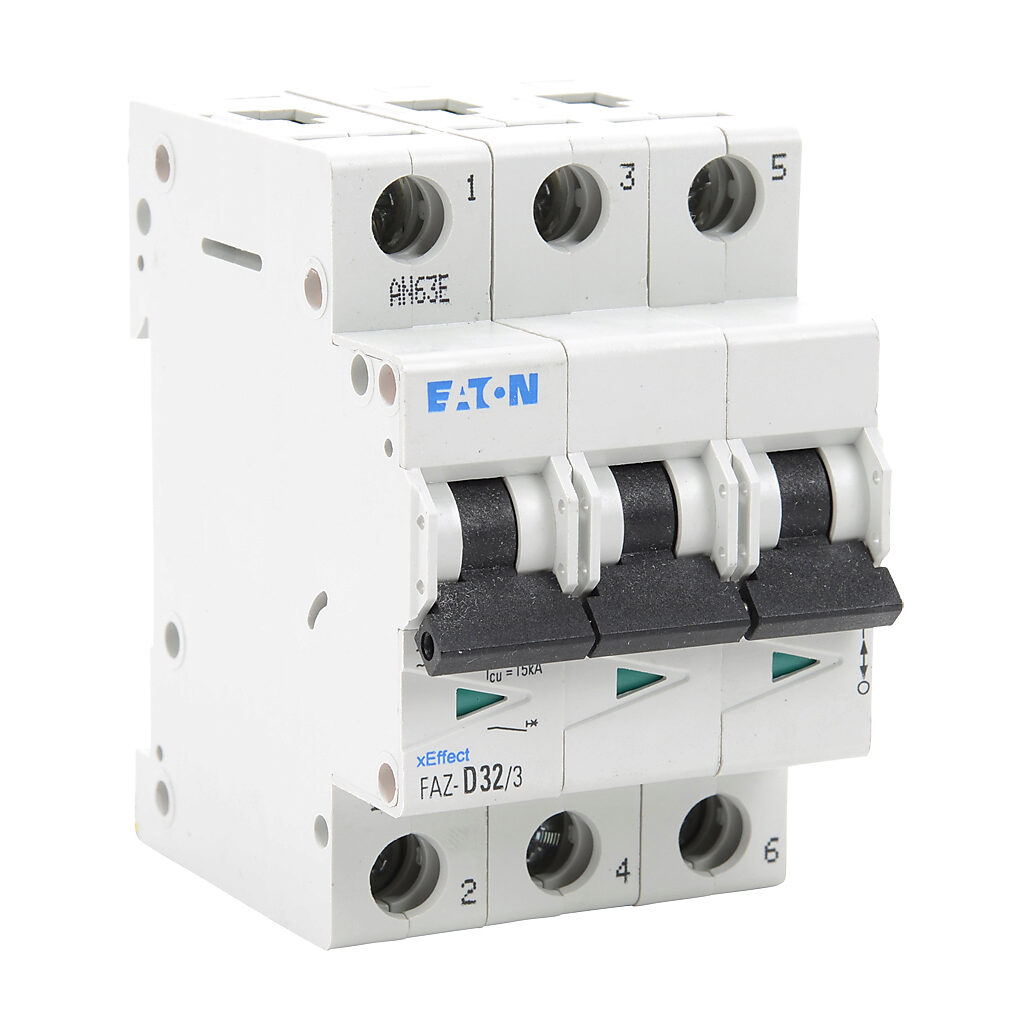 FAZ-D32-3 - Eaton miniature supplementary protector, 32A, 480Y/277 VAC/96 VDC, 3-pole, D curve, thermal magnetic, 5kA @ 480Y/277 VAC interrupting rating, 35mm DIN rail mount.
