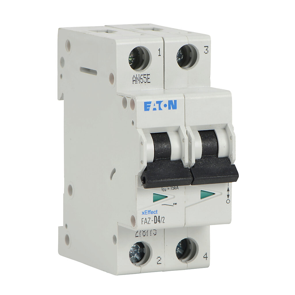 FAZ-D4-2 - Eaton miniature supplementary protector, 4A, 480Y/277 VAC/96 VDC, 2-pole, D curve, thermal magnetic, 5kA @ 480Y/277 VAC interrupting rating, 35mm DIN rail mount.